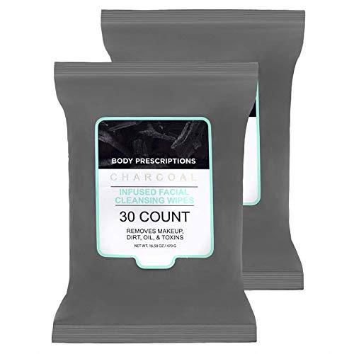 Body Prescriptions 2 Pack (30 Count Each) Charcoal Infused Facial Cleansing and Gentle Make Up Remover Wipes