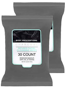 Body Prescriptions 2 Pack (30 Count Each) Charcoal Infused Facial Cleansing and Gentle Make Up Remover Wipes