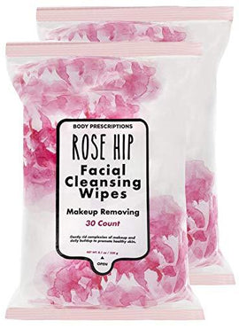 Body Prescriptions 2 Pack (30 Count Each) Rosehip Facial Cleansing and Gentle Make Up Remover Wipes