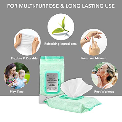 Clinical Works Facial Cleansing Wipes, 120 Count, 2 Packs of 60 Face Wipes Each, Collagen with Vitamin E Makeup Remover Wipes, Flip Top Pack