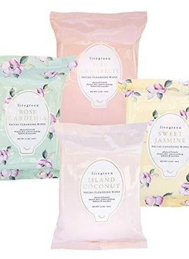 Live Green Facial Cleansing Wipes, 4 Assorted Packs, 30 Wipes Each Pack, Sweet Jasmine, Island Coconut, Rose Gardenia, Pink Grapefruit Fragrances