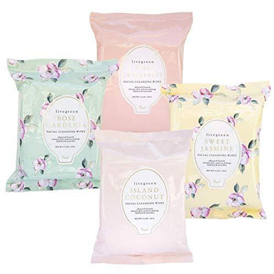 Live Green Facial Cleansing Wipes, 4 Assorted Packs, 30 Wipes Each Pack, Sweet Jasmine, Island Coconut, Rose Gardenia, Pink Grapefruit Fragrances
