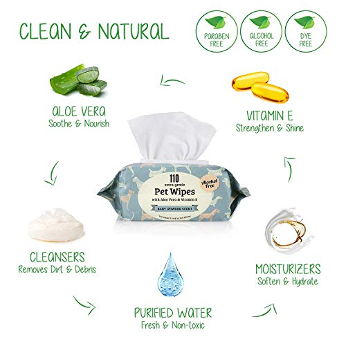 Precious Tails Pet Wipes (110 Count) - Extra Gentle Deodorizing Dog Grooming Wipes with Aloe Vera and Vitamin E - Baby Powder Scent