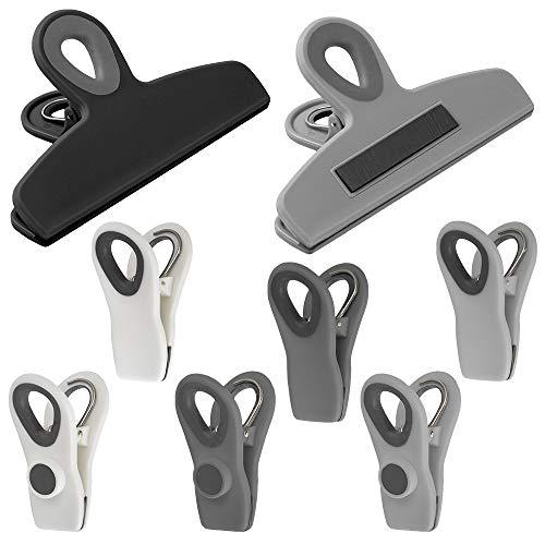 Cook with Color 8 Piece Bag Clips - 2 Large Heavy Duty Chip Clip and 6 Refrigerator Magnet Clips for Food Storage with Air Tight Seal Grip for Snack Bags and Food Bags (Black & White Collection)