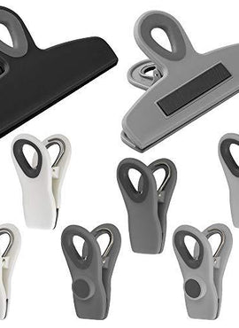 Cook with Color 8 Piece Bag Clips - 2 Large Heavy Duty Chip Clip and 6 Refrigerator Magnet Clips for Food Storage with Air Tight Seal Grip for Snack Bags and Food Bags (Black & White Collection)