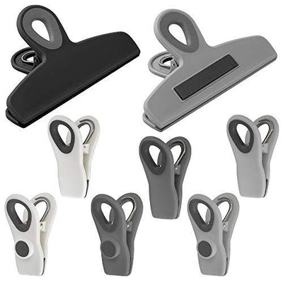 Cook with Color 8 Piece Bag Clips - 2 Large Heavy Duty Chip Clip and 6 Refrigerator Magnet Clips for Food Storage with Air Tight Seal Grip for Snack Bags and Food Bags (Black & White Collection)
