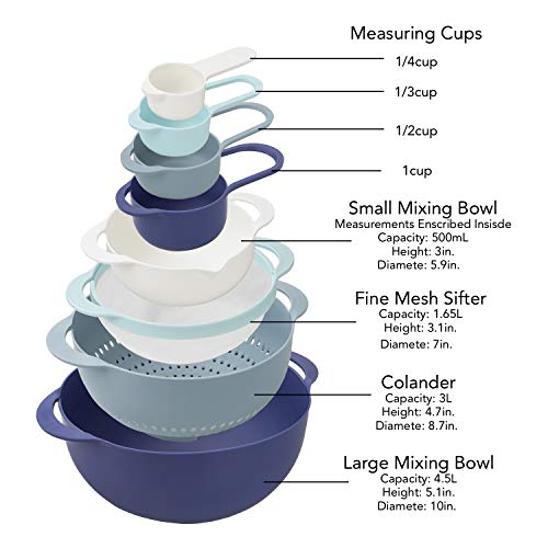 Cook With Color 8 Piece Nesting Bowls with Measuring Cups Colander and Sifter Set | Includes 2 Mixing Bowls, 1 Colander, 1 Sifter and 4 Measuring Cups, Teal