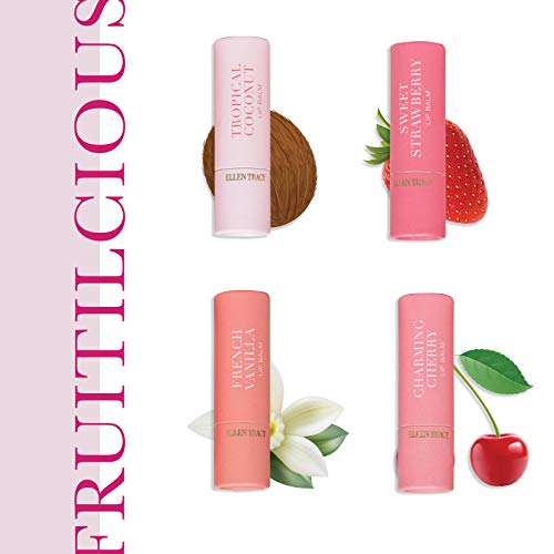 Ellen Tracy 4 Pack Lip Balm Set- Moisturizing Lip Balm in Sweet Strawberry, French Vanilla, Tropical Coconut, and Charming Cherry