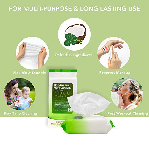 Essential Oils - 2 Pack (60 Count Each) Coconut and Kale Facial Cleansing Wipes