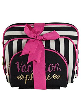 Once Upon A Rose 3 Pc Cosmetic Bag Set, Purse Size Makeup Bag for Women, Toiletry Travel Bag, Makeup Organizer, Cosmetic Bag for Girls Zippered Pouch Set, Large, Medium, Small (Vacation Please)