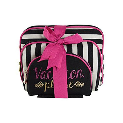 Once Upon A Rose 3 Pc Cosmetic Bag Set, Purse Size Makeup Bag for Women, Toiletry Travel Bag, Makeup Organizer, Cosmetic Bag for Girls Zippered Pouch Set, Large, Medium, Small (Vacation Please)
