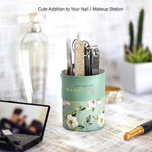 Live Green Manicure Set, 7 Piece Nail Kit in Cylinder, Manicure and Pedicure Tool Set with Emery Board, Cuticle Cleaner, 2 Nail Clippers, Nail File, Cuticle Pusher and Scissor