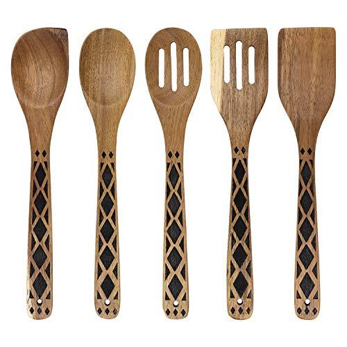 Country Kitchen 5 Piece Nonstick Utensil Set Acacia Wooden Kitchen Tools for Serving and Healthy Cooking with Black Inlay Design