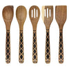 Country Kitchen 5 Piece Nonstick Utensil Set Acacia Wooden Kitchen Tools for Serving and Healthy Cooking with Black Inlay Design