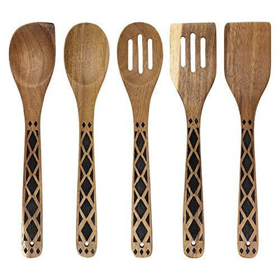 Country Kitchen 5 Piece Nonstick Utensil Set Acacia Wooden Kitchen Tools for Serving and Healthy Cooking with Black Inlay Design