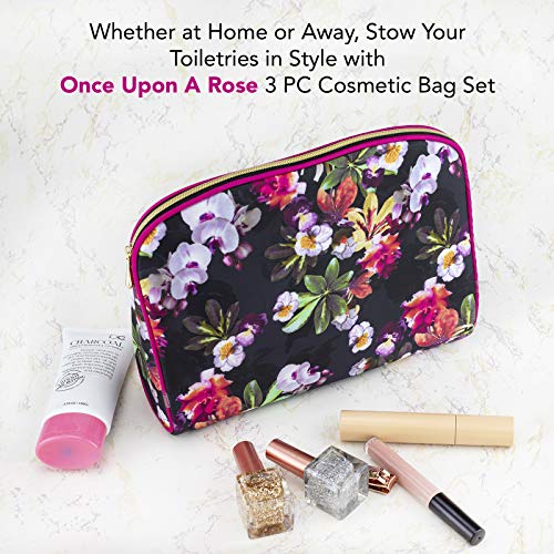 Once Upon A Rose 3 Pc Cosmetic Bag Set, Purse Size Makeup Bag for Women, Toiletry Travel Bag, Makeup Organizer, Cosmetic Bag for Girls Zippered Pouch Set, Large, Medium, Small (Hot Pink & Floral)