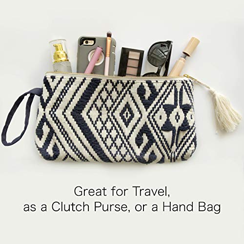 DwellStudio Vegan Clutch for Women -Boho Style Clutch, Wristlet, Purse, Woman's Hand Bag, Wallet, Beautiful Gift for Women (Navy and White)