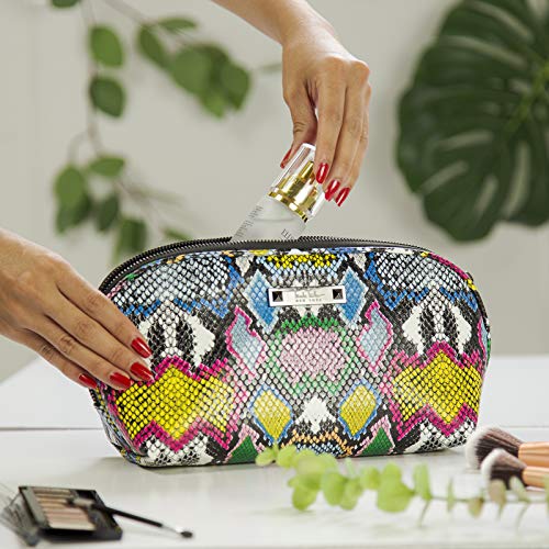 Nicole Miller Makeup Bag, Travel Toiletry Bag, and Cosmetic Bag- Multicolor Faux Leather Snakeskin Print (Long Loaf Bag)