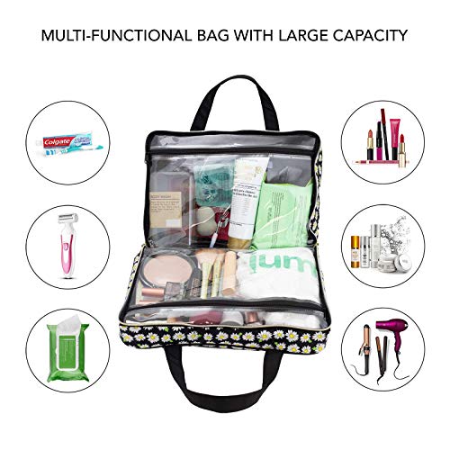 Once Upon A Rose Makeup Bag for Women and Girls, Large Cosmetic Bag with Zippered, Transparent Pockets and Handles, Foldable Makeup Bag for Home and Travel - Daisy Print