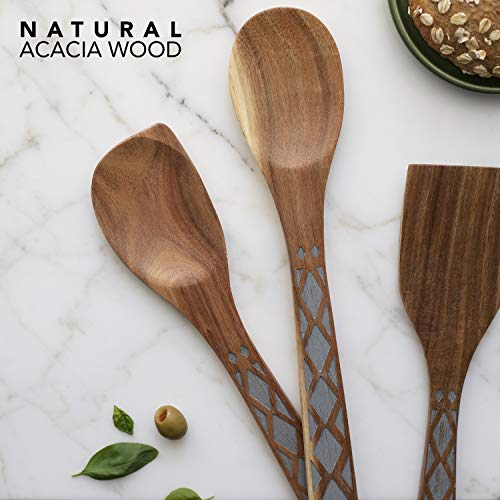 Country Kitchen 5 Piece Nonstick Utensil Set Acacia Wooden Kitchen Tools for Serving and Healthy Cooking with Black Inlay Design
