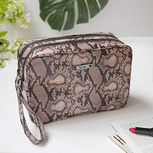 Nicole Miller Makeup Bag, Travel Toiletry Bag, and Cosmetic Bag- Pink Faux Leather Snakeskin Print (Large 2 Zip Bag)