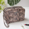 Nicole Miller Makeup Bag, Travel Toiletry Bag, and Cosmetic Bag- Pink Faux Leather Snakeskin Print (Large 2 Zip Bag)