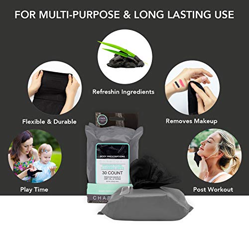 Body Prescriptions 2 Pack (30 Count Each) Charcoal Infused Facial Cleansing and Gentle Make Up Remover Wipes