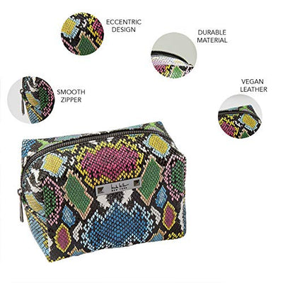 Nicole Miller Makeup Bag, Travel Toiletry Bag, and Cosmetic Bag- Multicolor Faux Leather Snakeskin Print (Loaf Bag)