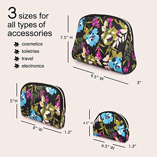 Once Upon A Rose 3 Pc Cosmetic Bag Set, Purse Size Makeup Bag for Women, Toiletry Travel Bag, Makeup Organizer, Cosmetic Bag for Girls Zippered Pouch Set, Large, Medium, Small (Blue Floral Design)