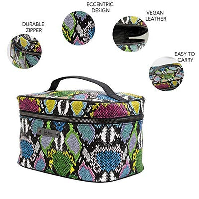Nicole Miller Makeup Bag, Travel Toiletry Bag, and Cosmetic Bag- Multicolor Faux Leather Snakeskin Print (Large Train Bag)