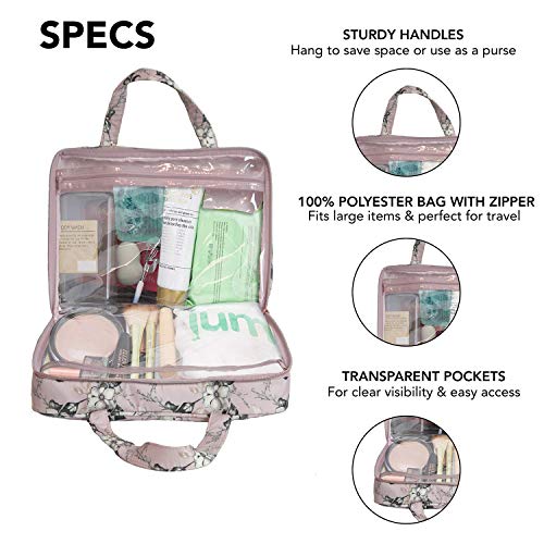 Nicole Miller Makeup Bag, Travel and Toiletry Bag, Large Cosmetic Bag with Zippered, Transparent Pockets and Handles, Foldable Makeup Bag for Home and Travel (Pale Pink Flower Print)