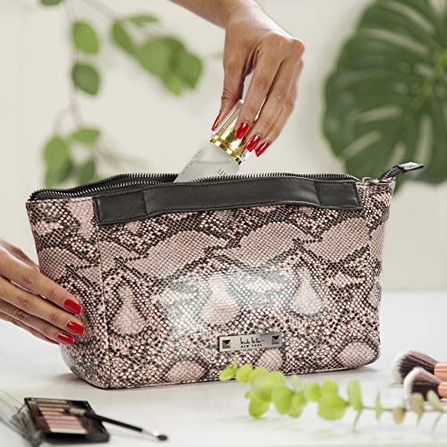 Nicole Miller Makeup Bag, Travel Toiletry Bag, and Cosmetic Bag- Pink Faux Leather Snakeskin Print (Small Clutch Bag)