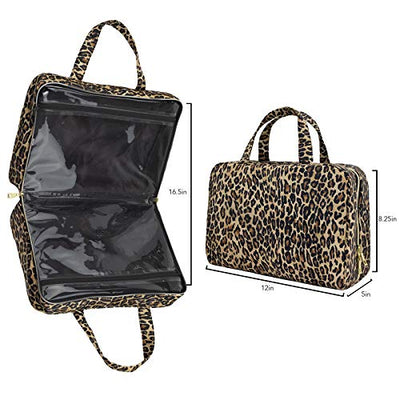 Once Upon A Rose Makeup Bag for Women and Girls, Large Cosmetic Bag with Zippered, Transparent Pockets and Handles, Foldable Makeup Bag for Home and Travel - Leopard Print