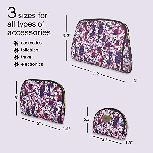 Nicole Miller 3 Pc Cosmetic Bag Set, Purse Size Makeup Bag for Women, Toiletry Travel Bag, Makeup Organizer, Cosmetic Bag for Girls Zippered Pouch Set, Large, Medium, Small (Colorful Floral Print)