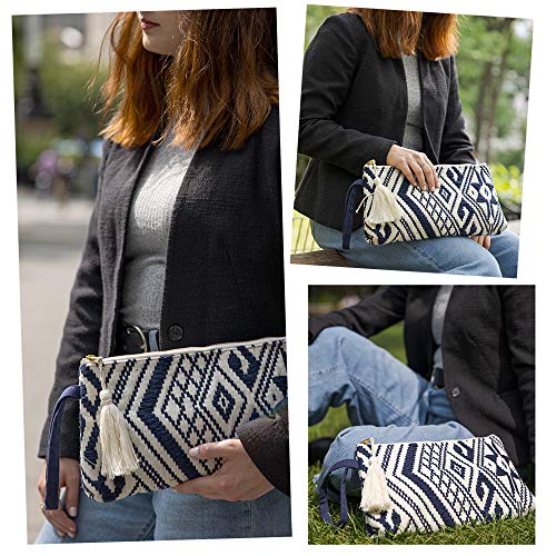 DwellStudio Vegan Clutch for Women -Boho Style Clutch, Wristlet, Purse, Woman's Hand Bag, Wallet, Beautiful Gift for Women (Navy and White)