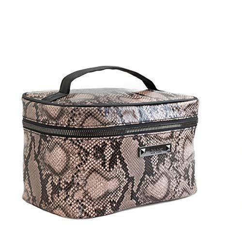 Nicole Miller Makeup Bag, Travel Toiletry Bag, and Cosmetic Bag- Pink Faux Leather Snakeskin Print (Large Train Bag)