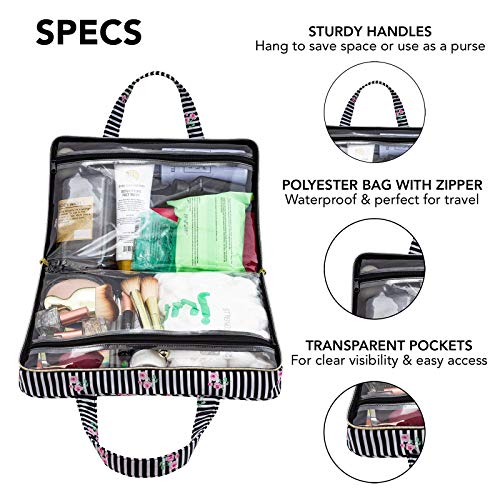 Once Upon A Rose Makeup Bag for Women and Girls, Large Cosmetic Bag with Zippered, Transparent Pockets and Handles, Foldable Makeup Bag for Home and Travel - Roses & Stripes Print