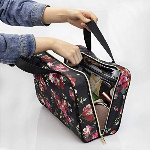 Once Upon A Rose Makeup Bag for Women and Girls, Large Cosmetic Bag with Zippered, Transparent Pockets and Handles, Foldable Makeup Bag for Home and Travel - Coral Floral Print