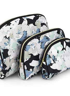 Once Upon A Rose 3 Pc Cosmetic Bag Set, Purse Size Makeup Bag for Women, Toiletry Travel Bag, Makeup Organizer, Cosmetic Bag for Girls Zippered Pouch Set, Large, Medium, Small (White Floral Design)