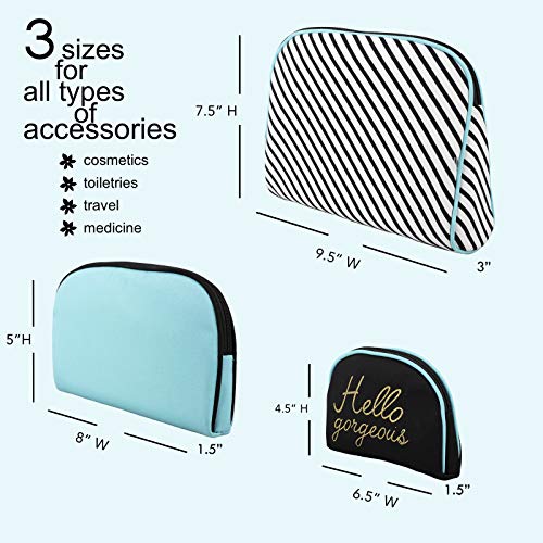 Once Upon A Rose 3 Pc Cosmetic Bag Set, Purse Size Makeup Bag for Women, Toiletry Travel Bag, Makeup Organizer, Cosmetic Bag for Girls Zippered Pouch Set, Large, Medium, Small (Hello Gorgeous Blue)