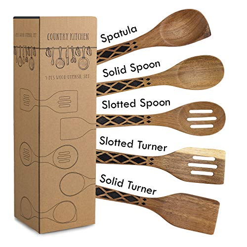 Country Kitchen 5 Piece Nonstick Utensil Set Acacia Wooden Kitchen Tools for Serving and Healthy Cooking with Black Inlay Design