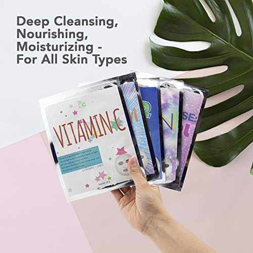 Beauty Concepts 5 Pack Face Mask, Face Sheet Masks Set Vitamin C, Collagen, Charcoal, Argan and Retinol Face Mask Kit and Gift Set, Facial Masks for Women