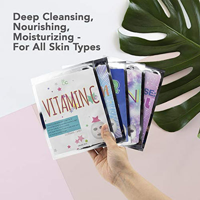 Beauty Concepts 5 Pack Face Mask, Face Sheet Masks Set Vitamin C, Collagen, Charcoal, Argan and Retinol Face Mask Kit and Gift Set, Facial Masks for Women