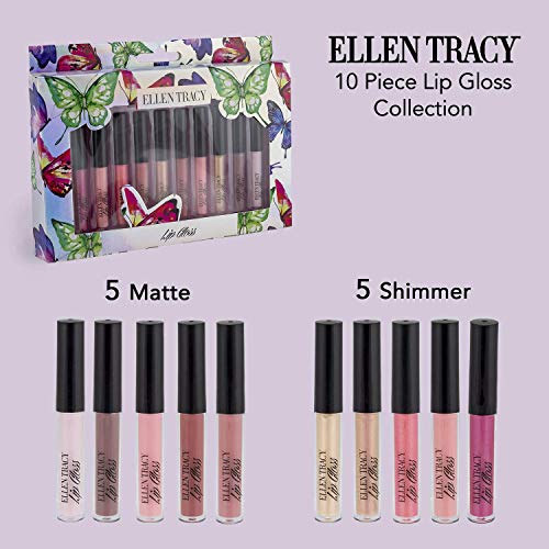 Ellen Tracy 10 Pc Lip Gloss Collection, Shimmery Lip Glosses for Women and Girls, Long Lasting Color Lip Gloss Set with Rich Varied Colors, Great Holiday Gift and Birthday Gift