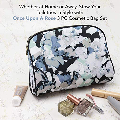 Once Upon A Rose 3 Pc Cosmetic Bag Set, Purse Size Makeup Bag for Women, Toiletry Travel Bag, Makeup Organizer, Cosmetic Bag for Girls Zippered Pouch Set, Large, Medium, Small (White Floral Design)