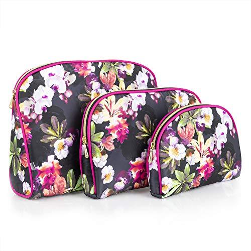 Once Upon A Rose 3 Pc Cosmetic Bag Set, Purse Size Makeup Bag for Women, Toiletry Travel Bag, Makeup Organizer, Cosmetic Bag for Girls Zippered Pouch Set, Large, Medium, Small (Hot Pink & Floral)