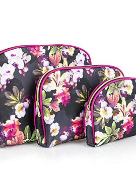 Once Upon A Rose 3 Pc Cosmetic Bag Set, Purse Size Makeup Bag for Women, Toiletry Travel Bag, Makeup Organizer, Cosmetic Bag for Girls Zippered Pouch Set, Large, Medium, Small (Hot Pink & Floral)