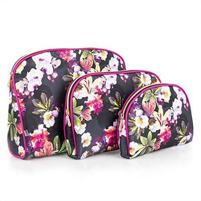 Once Upon A Rose 3 Pc Cosmetic Bag Set, Purse Size Makeup Bag for Women, Toiletry Travel Bag, Makeup Organizer, Cosmetic Bag for Girls Zippered Pouch Set, Large, Medium, Small (Hot Pink & Floral)