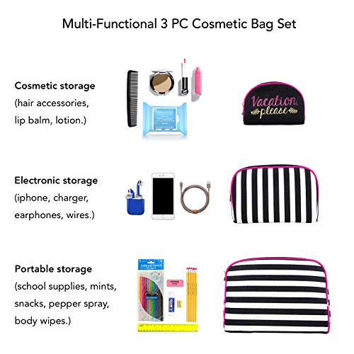 Once Upon A Rose 3 Pc Cosmetic Bag Set, Purse Size Makeup Bag for Women, Toiletry Travel Bag, Makeup Organizer, Cosmetic Bag for Girls Zippered Pouch Set, Large, Medium, Small (Vacation Please)