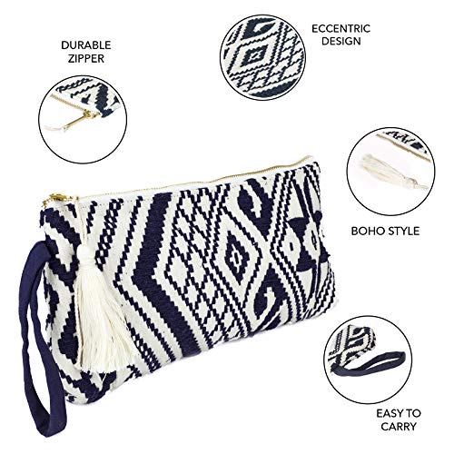 DwellStudio Vegan Clutch for Women -Boho Style Clutch, Wristlet, Purse, Woman's Hand Bag, Wallet, Beautiful Gift for Women (Navy and White)